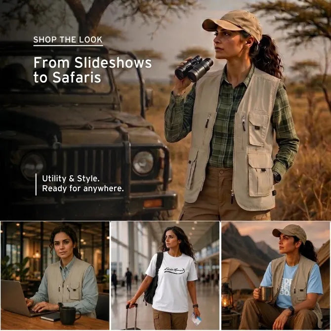 Woman in safari attire with text 'Shop the Look: From Slideshows to Safaris' and images of a jeep, laptop, and mountain.