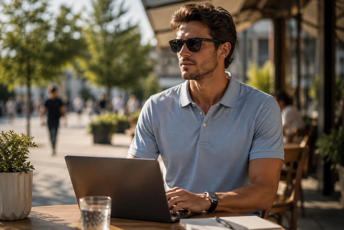 Man using a laptop outdoors in a casual setting