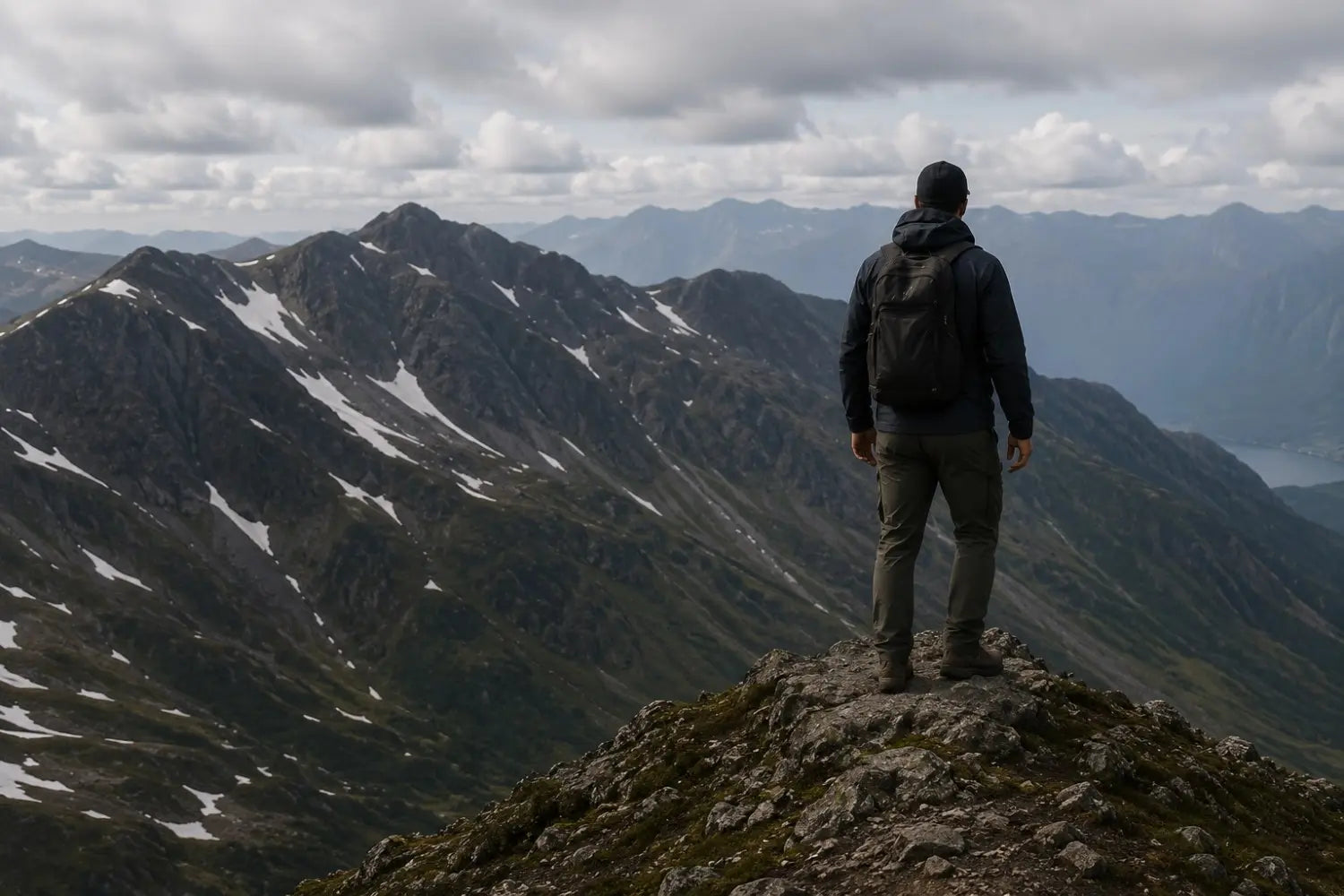 Person standing on a mountain peak looking at a vast mountain range.