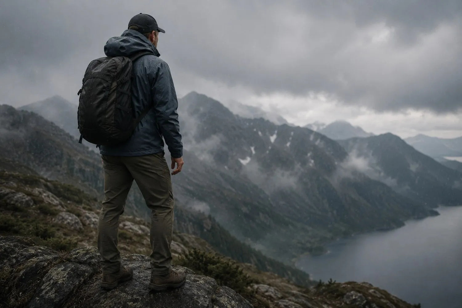 Person with a backpack standing on a mountain overlooking a lake and mountains.