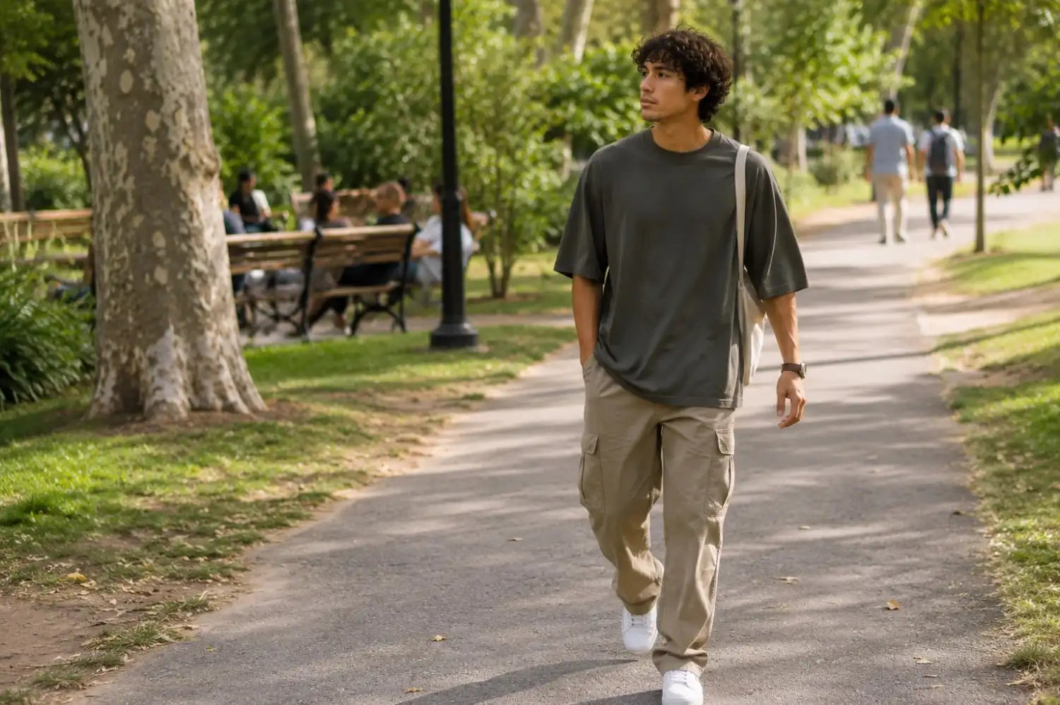 Man walking on a path in a park with trees and benches in the background