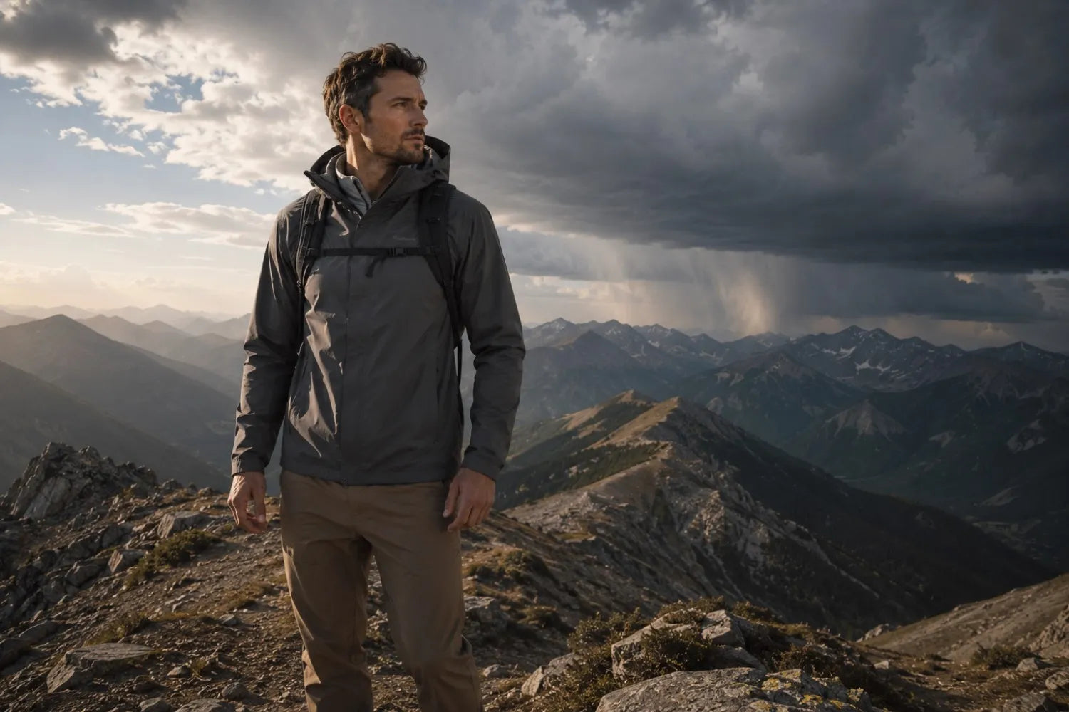 Man standing on a mountain peak with a backpack, looking out at a dramatic sky.
