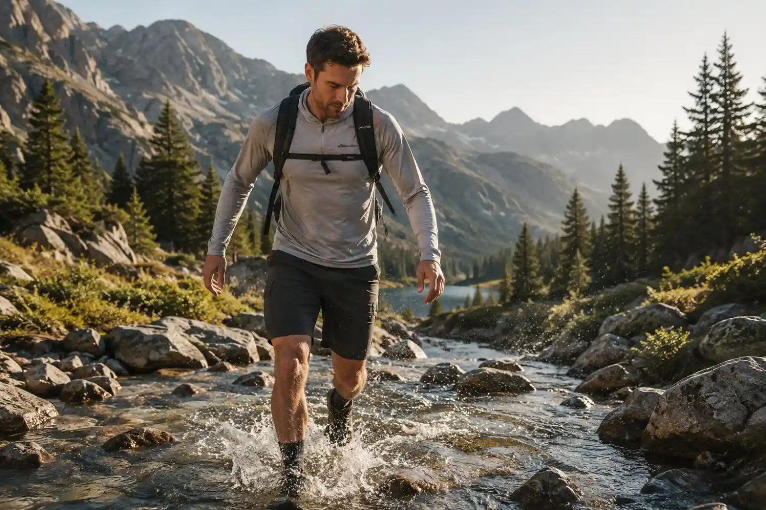 Man hiking through a mountain stream with backpack and boots, surrounded by trees and mountains.