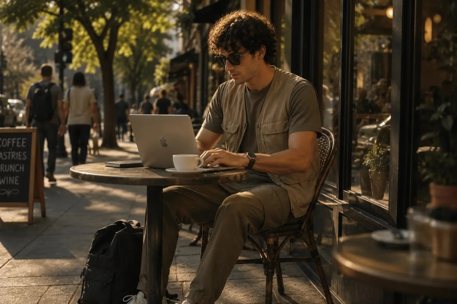 Man using a laptop at an outdoor cafe table with people walking by.