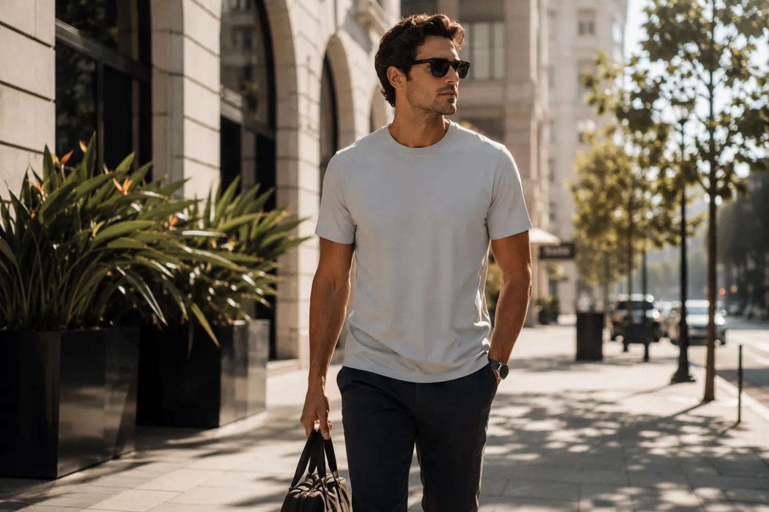 Man walking outdoors on a city street, wearing sunglasses and a light-colored t-shirt.