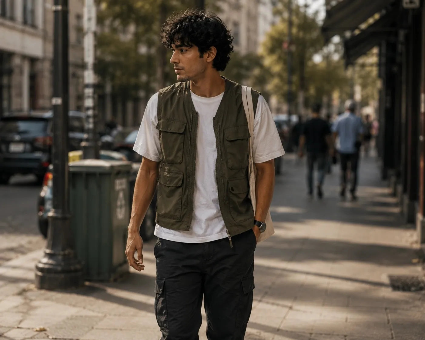 Man wearing a green vest and white shirt on a city street