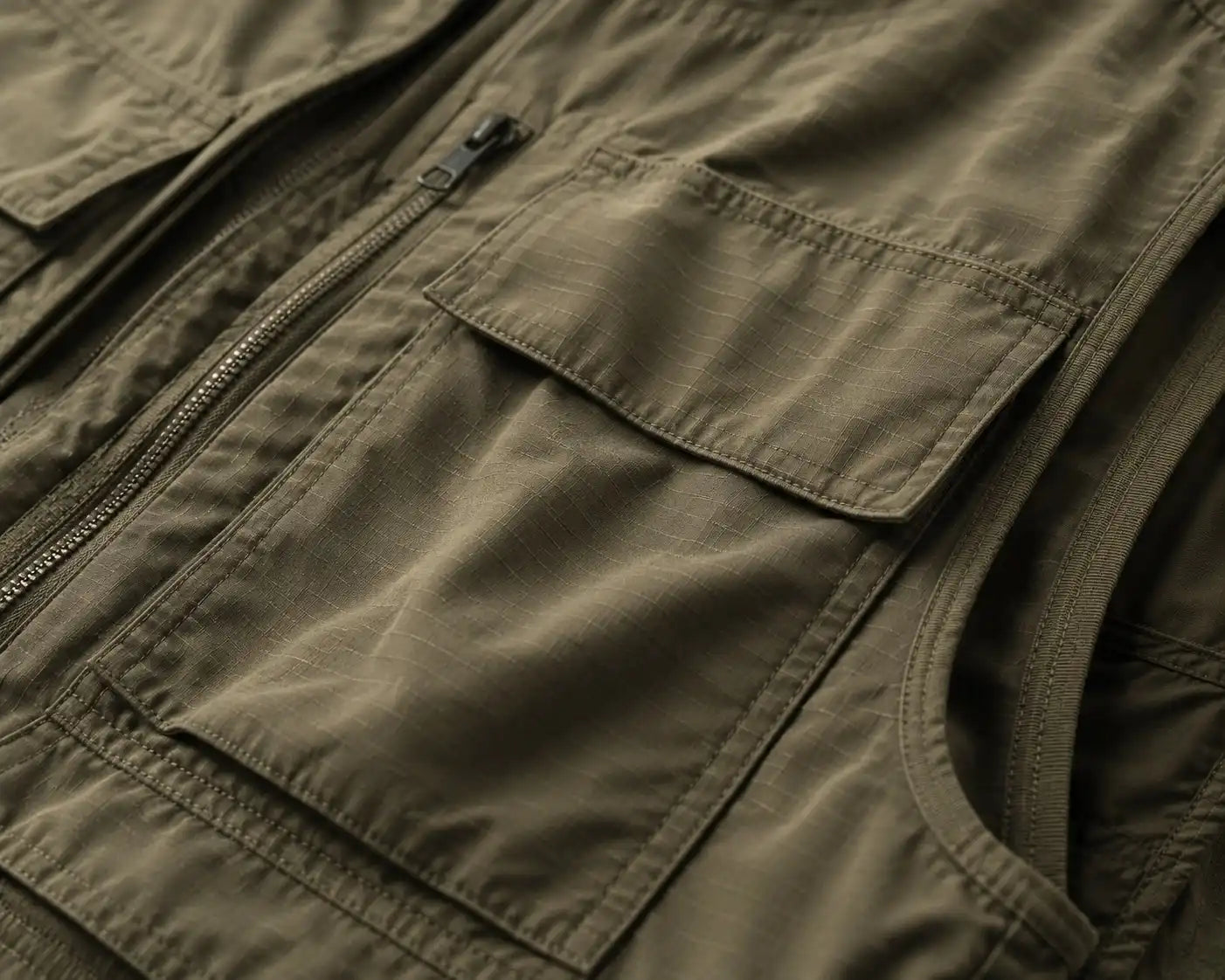 Close-up of a green jacket with a pocket and zipper