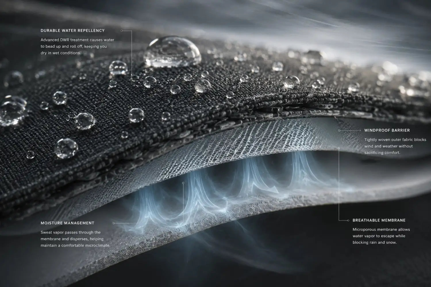 Close-up of a waterproof fabric with water droplets and text explaining features.