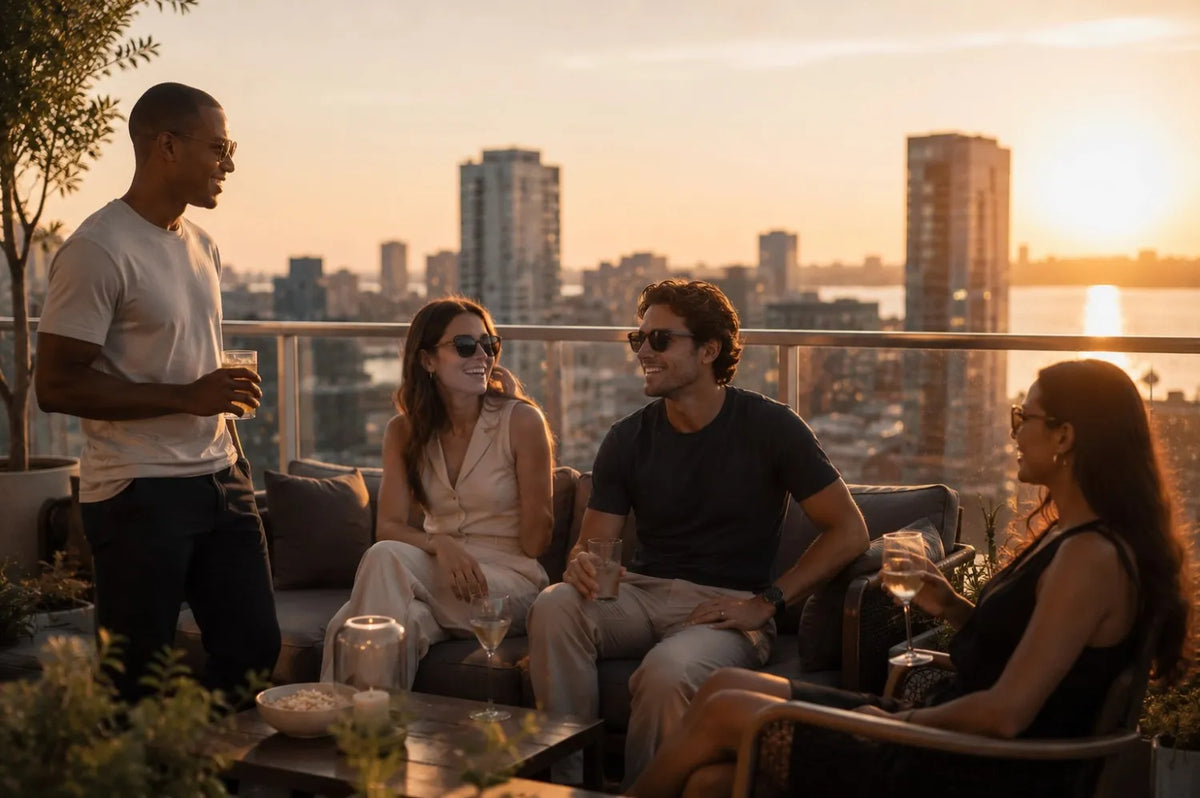 Group of people enjoying a sunset on a rooftop with city skyline in the background