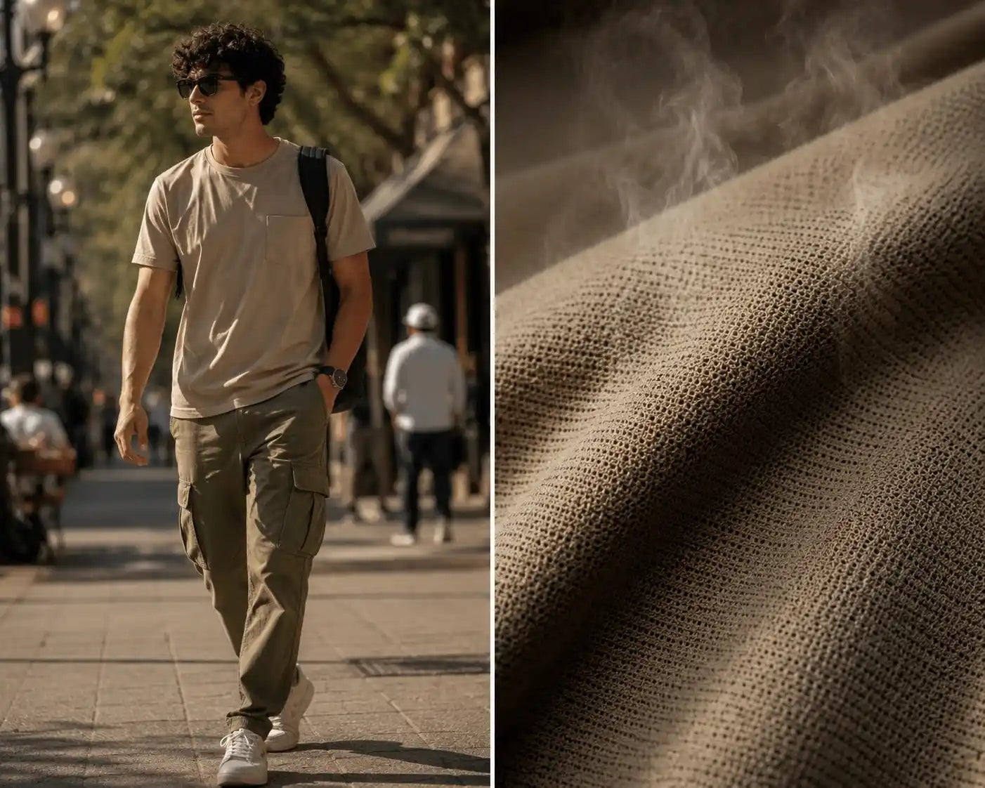 Person walking on a street with a close-up of fabric texture on the right.
