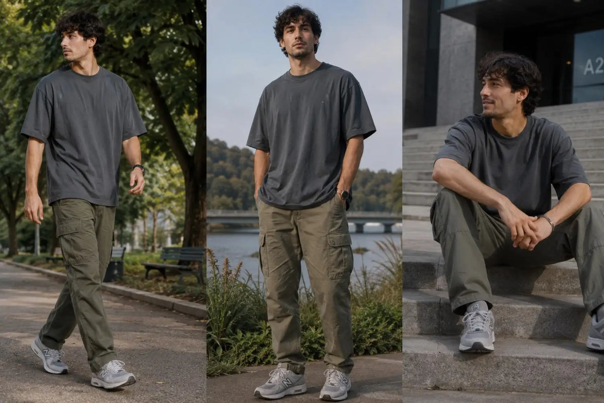 Man in gray t-shirt and green pants standing outdoors with a lake in the background.
