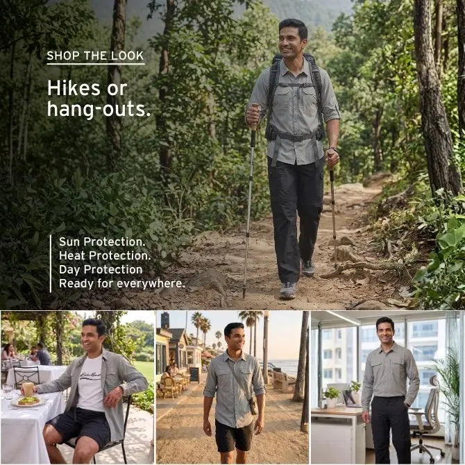 A promotional collage for a men's lightweight long-sleeve shirt. The main panel shows a man hiking in a forest wearing the shirt, with text reading 'Hikes or hang-outs.