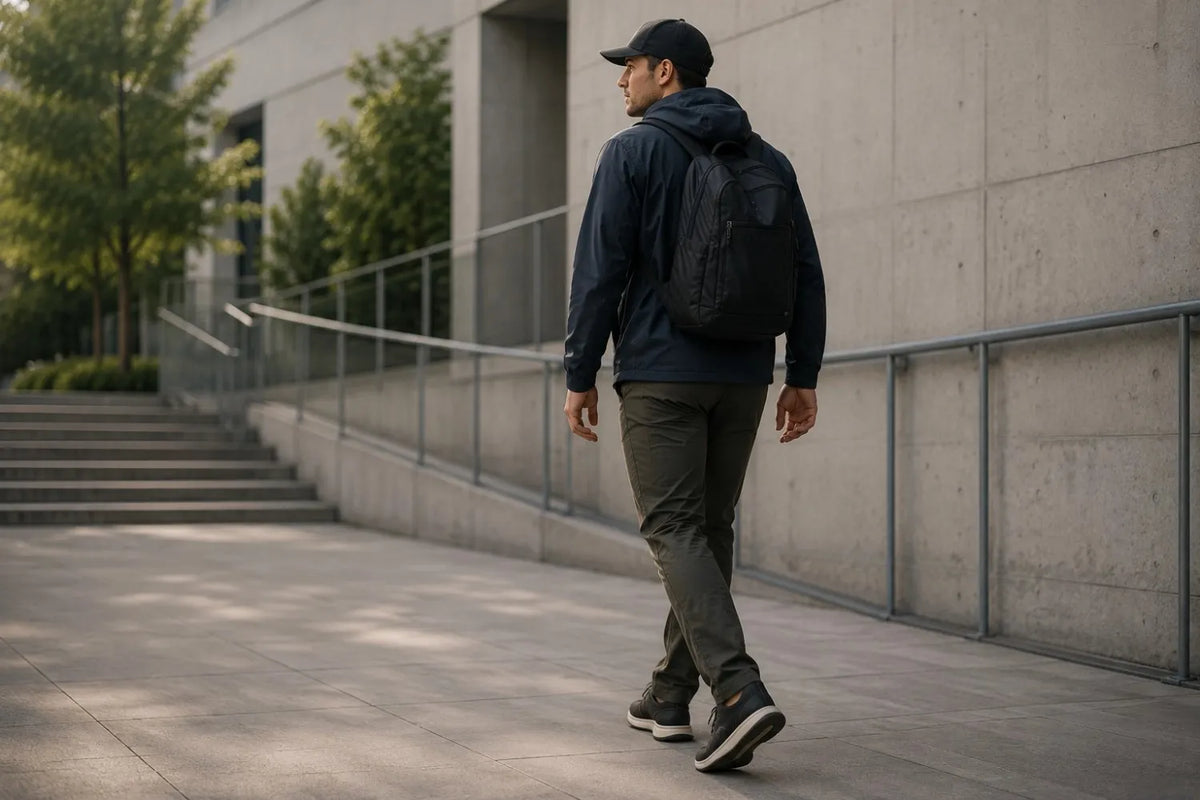 Man walking outdoors with a backpack on a concrete path.