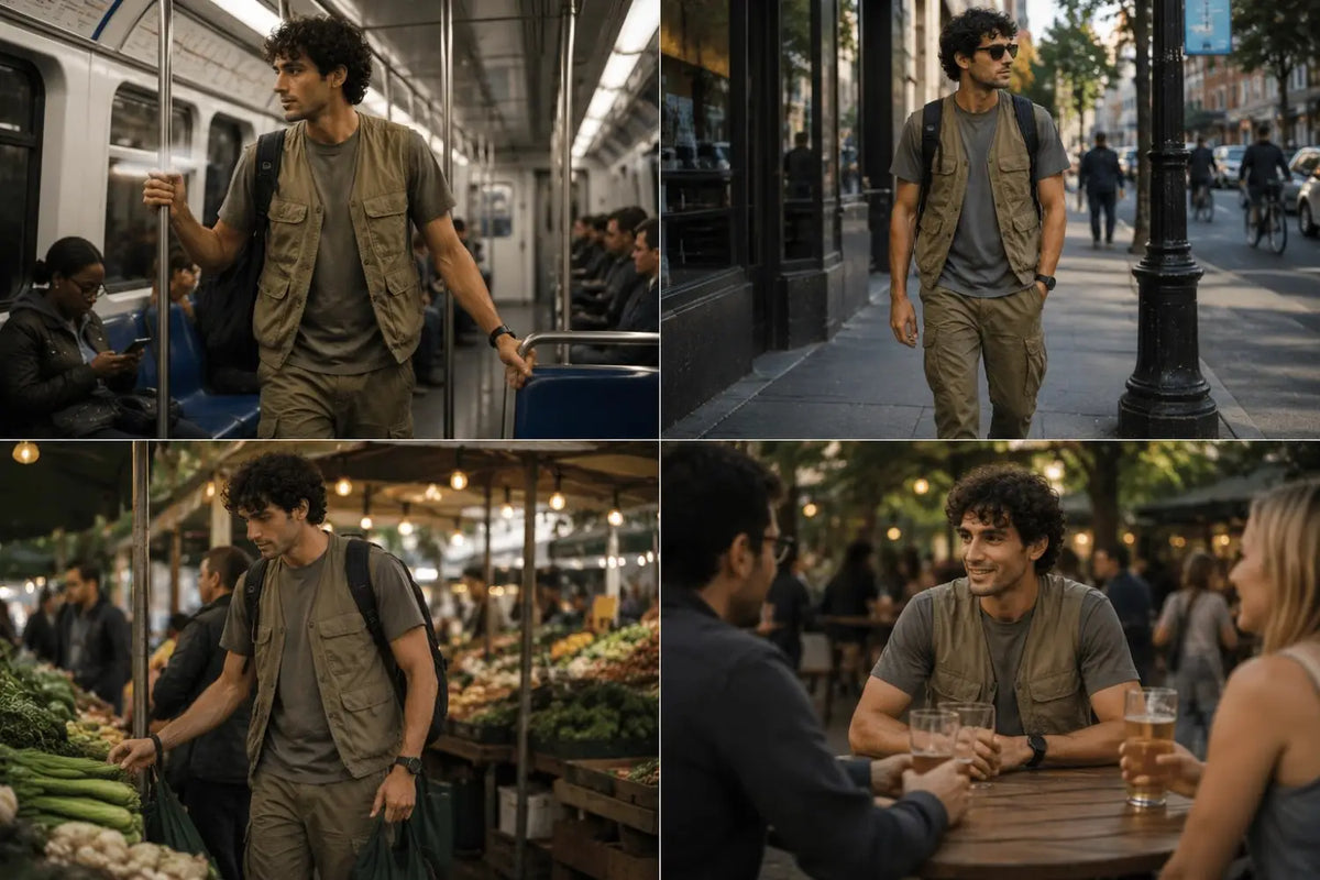 Collage of a man in various settings including a train, street, market, and cafe.