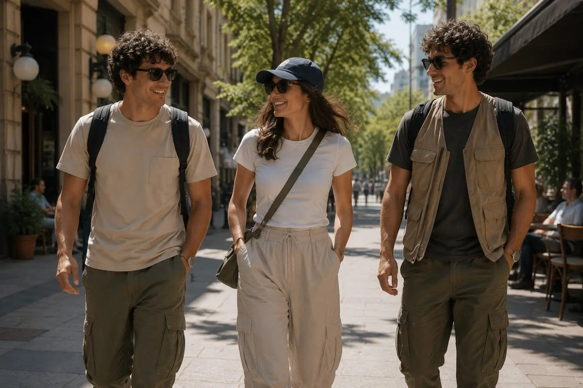 Three people walking together on a city street with buildings and trees in the background.