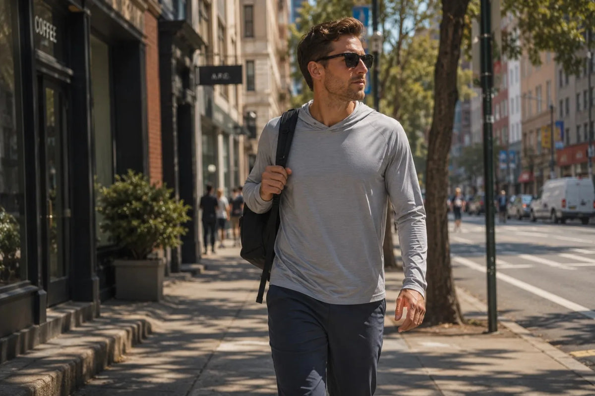 Man walking on a city street with buildings and trees in the background