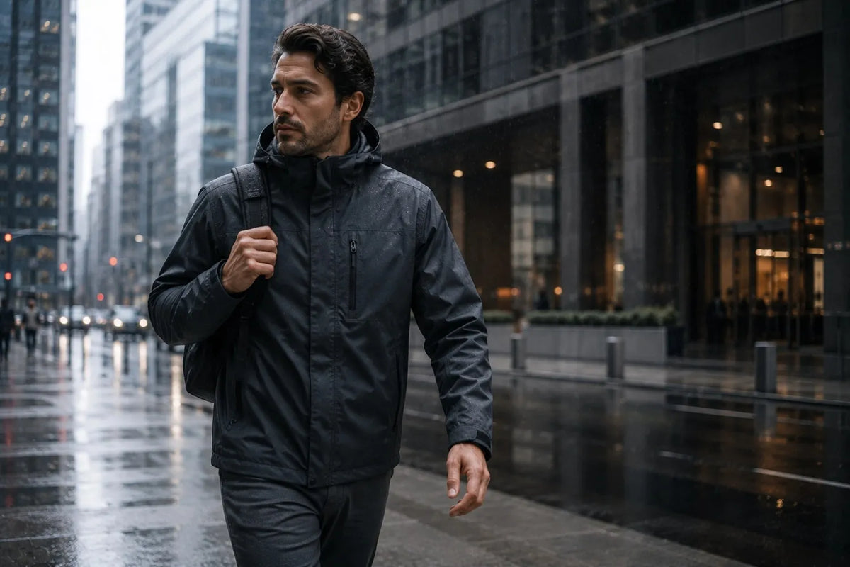 Man walking in a city street wearing a dark raincoat on a rainy day.