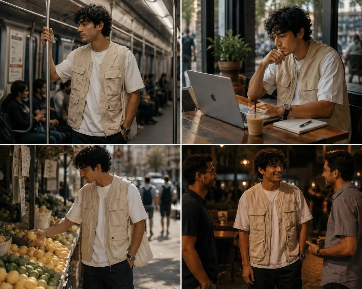 Collage of a man in various settings including a train, cafe, market, and street.