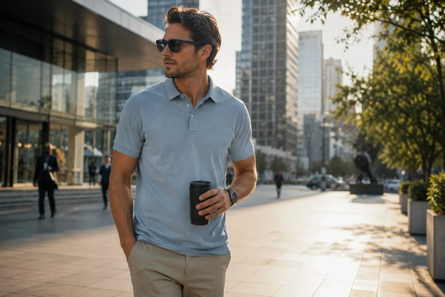 Man walking outdoors in an urban setting holding a coffee cup
