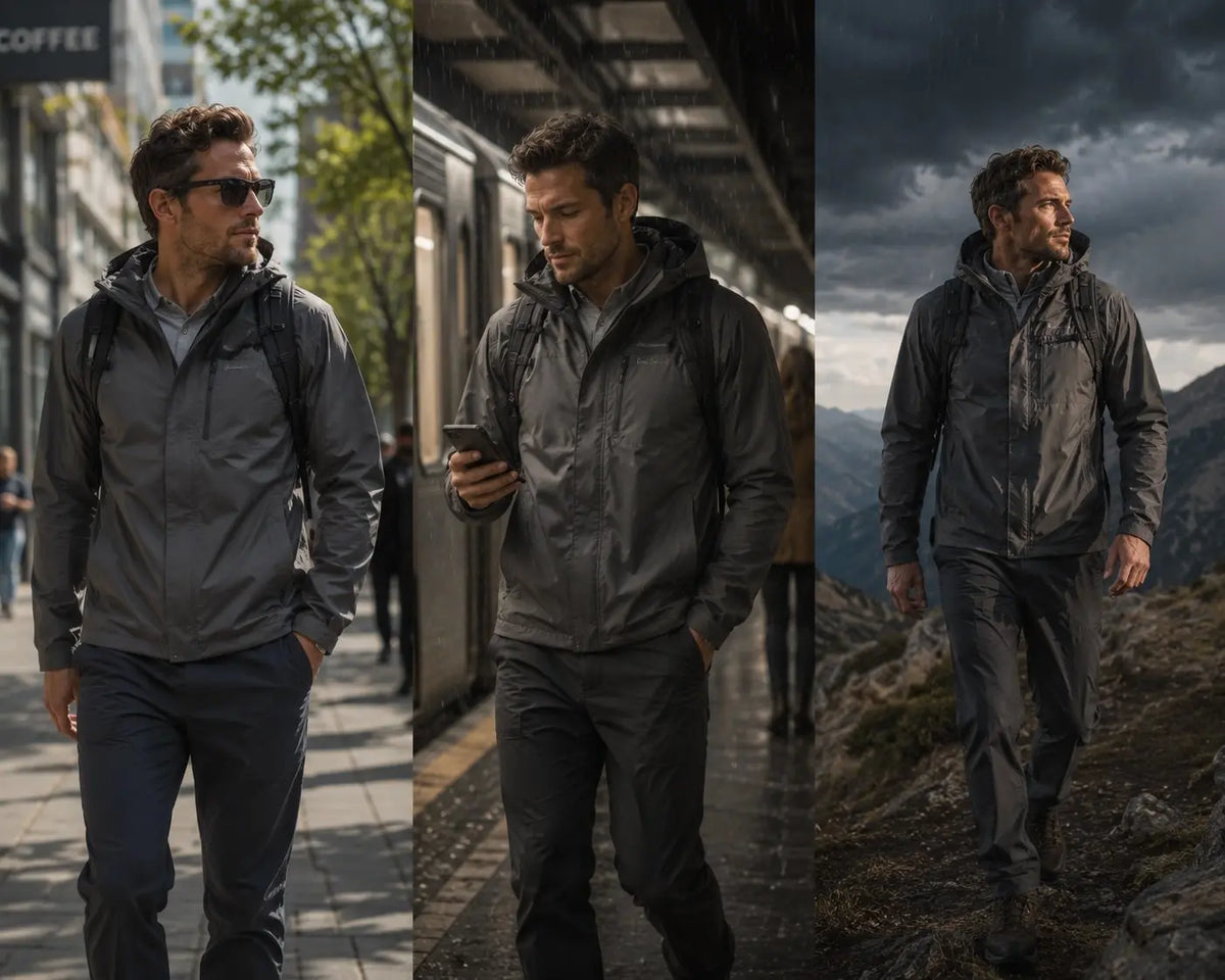 Man in a gray jacket walking in different settings: city street, train station, mountainous area.