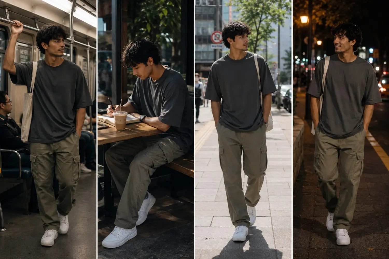 Collage of a man in gray t-shirt and cargo pants in various urban settings.