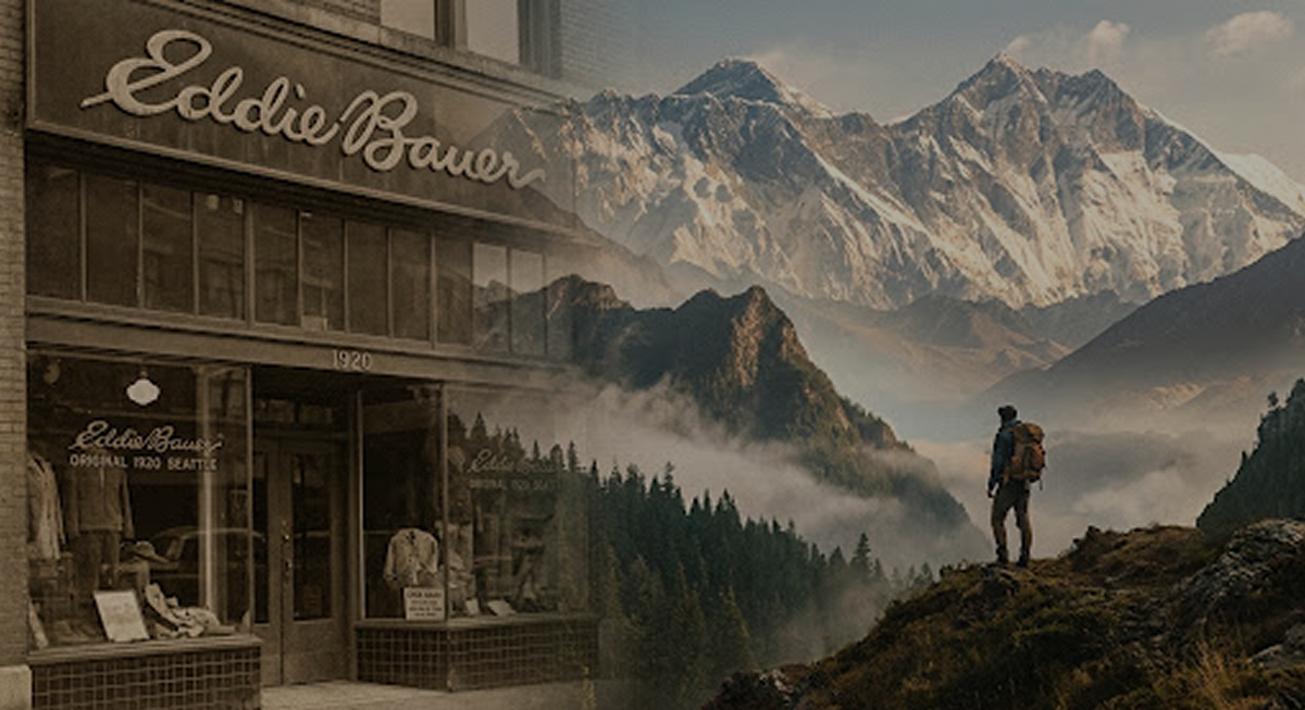Eddie Bauer store with a person standing on a mountain peak in the background