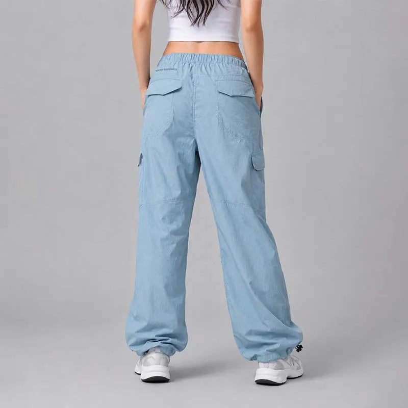 Back view of women's blue grey Pathfinder 6-pocket water-resistant cargo pants