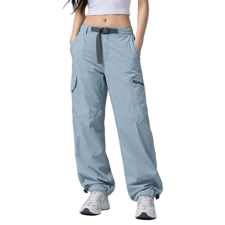 Front view of women's blue grey Pathfinder 6-pocket water-resistant cargo pants
