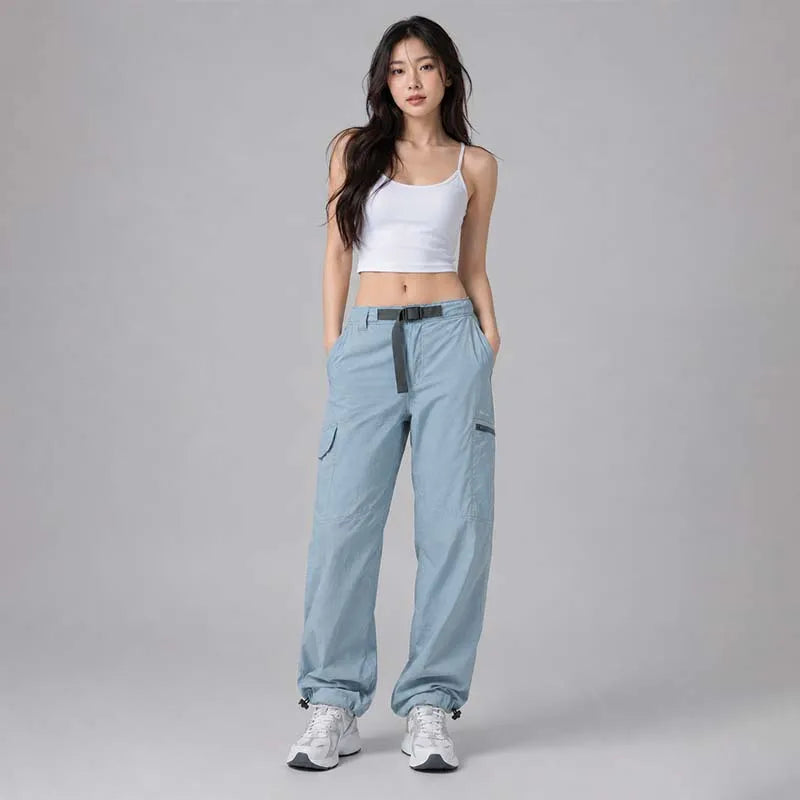 Full view of women's blue grey Pathfinder 6-pocket water-resistant cargo pants
