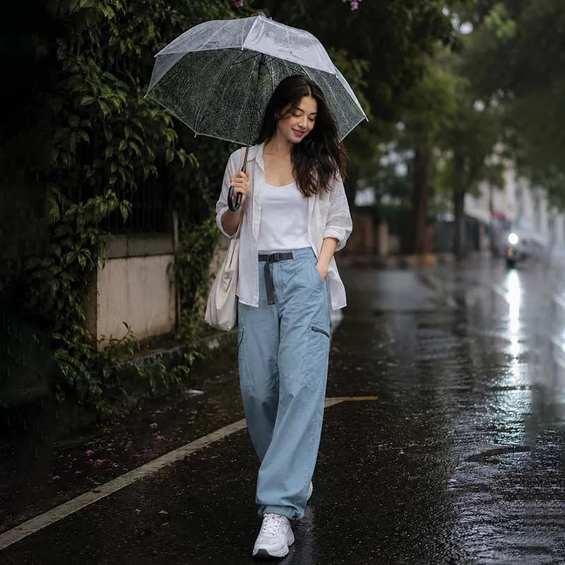 Woman wearing the blue grey Pathfinder 6-pocket water-resistant cargo pants in a lifestyle