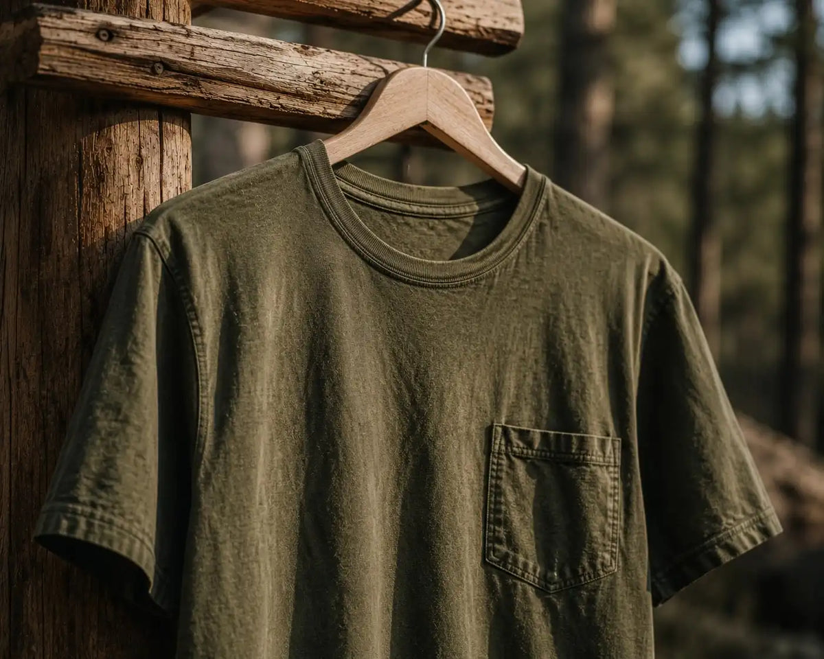 Green t-shirt on a wooden hanger against a natural background