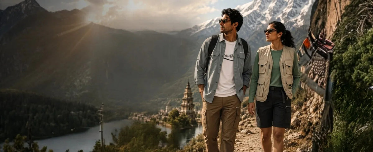 Man and woman trekking on a mountain trail, with the woman wearing an Eddie Bauer India vest jacket and the man wearing trekking pants.