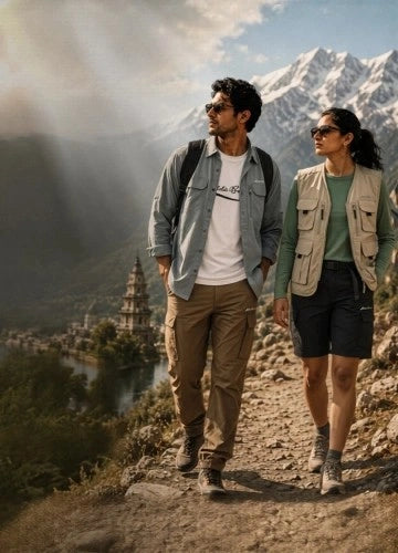 Man and woman trekking on a mountain trail, with the woman wearing an Eddie Bauer India vest jacket and the man wearing trekking pants.