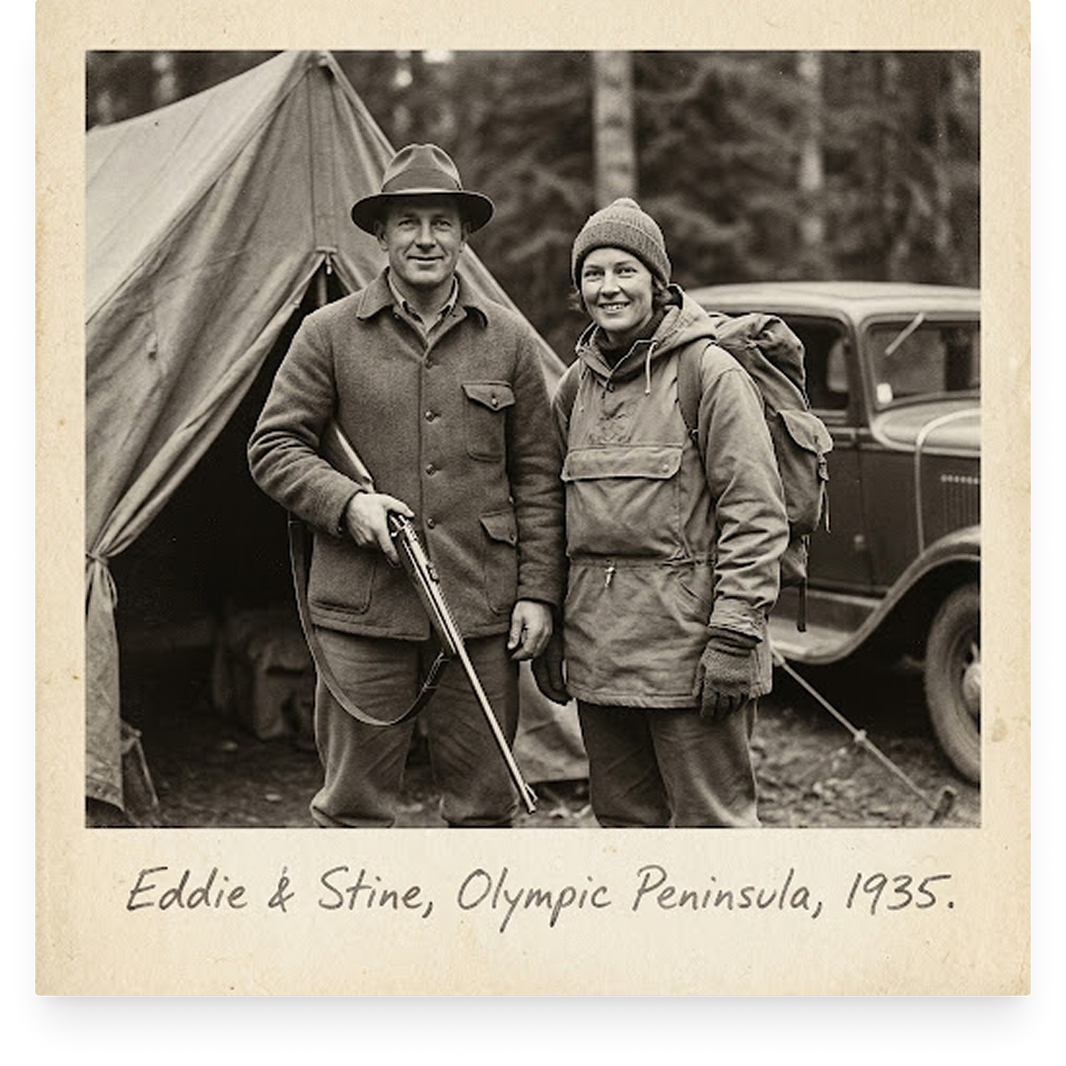 Two people posing outdoors with a tent and car in the background, labeled 'Eddie & Stine, Olympic Peninsula, 1935'.
