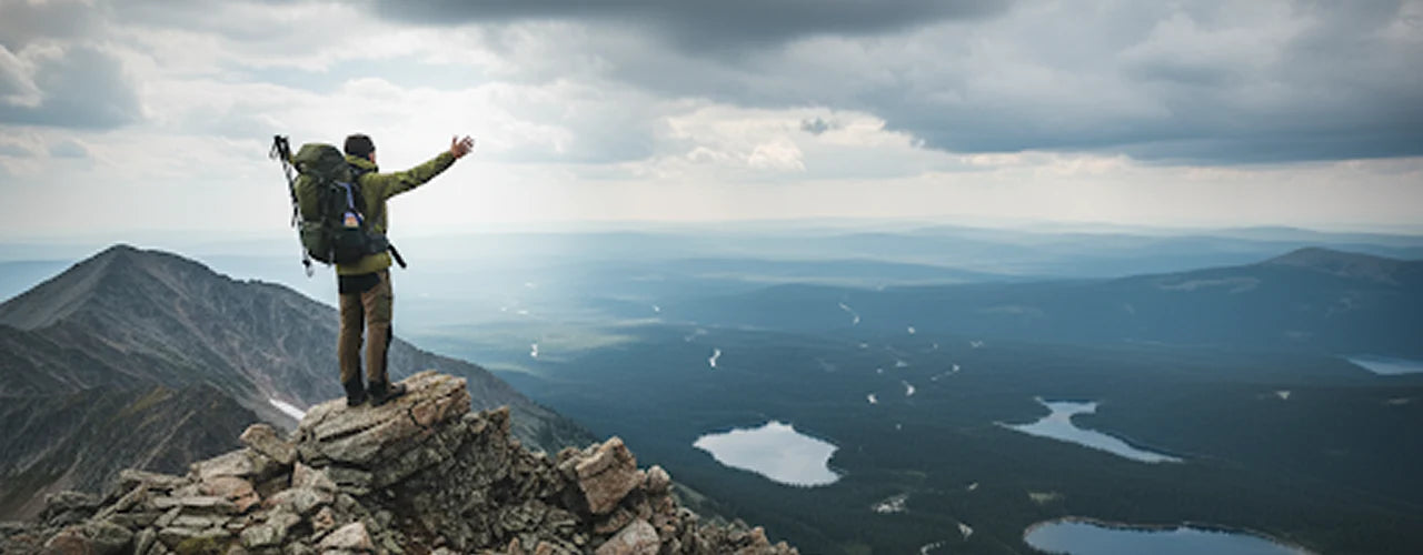 Person with a backpack standing on a mountain peak with a scenic view of lakes and mountains.