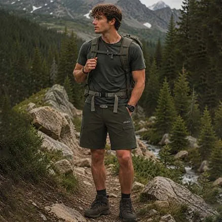 A man hiking in a mountain forest wearing an olive green short-sleeve performance shirt, matching shorts, hiking boots, and a backpack.
