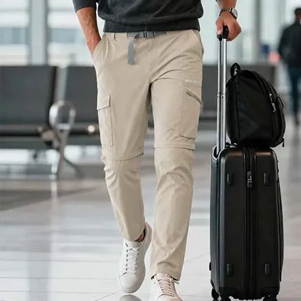 A man in a travel airport setting wearing beige cargo pants, a dark gray t-shirt, and white sneakers, pulling a black rolling suitcase with a black backpack attached.