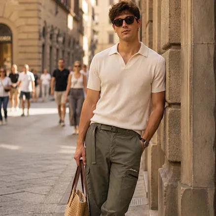 A man wearing a cream short-sleeve polo shirt and olive green cargo pants stands on a sunlit city street, leaning against a stone wall and holding a woven tote bag.