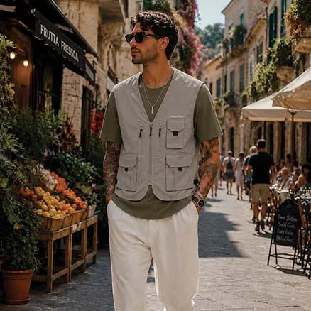 A man wearing a light gray utility vest over an olive green t-shirt and white pants, walking down a sunny, cobblestone street in a European town.