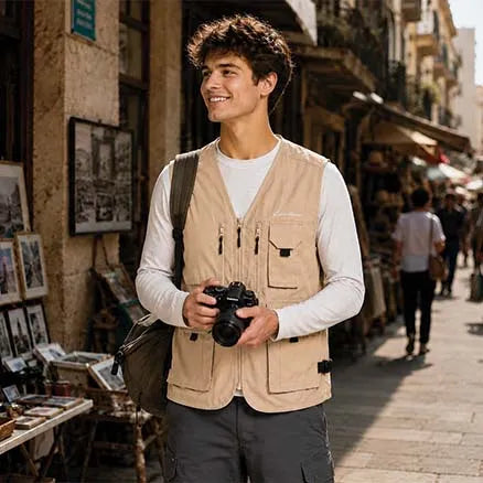 A man standing on a sunlit outdoor street market wearing a beige utility vest over a white long-sleeve shirt, holding a camera.