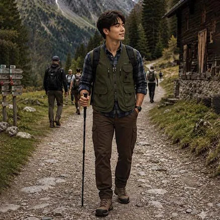 A man hiking on a mountain path wearing a green utility vest over a plaid shirt, brown cargo pants, and hiking boots, holding a walking stick. Other hikers and a rustic cabin are visible in the background.