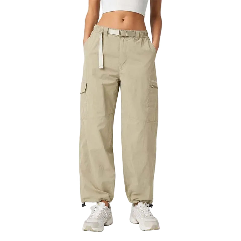Front view of women's sand Pathfinder 6-pocket water-resistant cargo pants