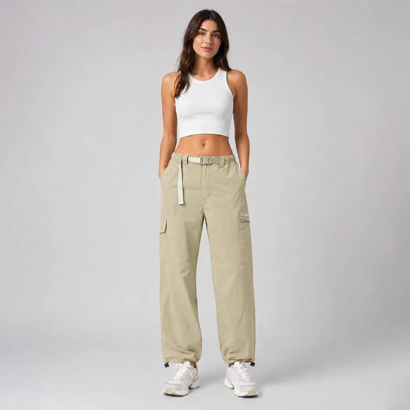Full view of women's sand Pathfinder 6-pocket water-resistant cargo pants