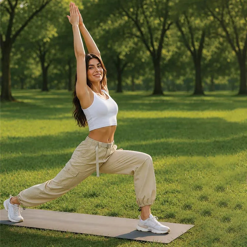 Woman wearing the sand Pathfinder 6-pocket water-resistant cargo pants in a lifestyle