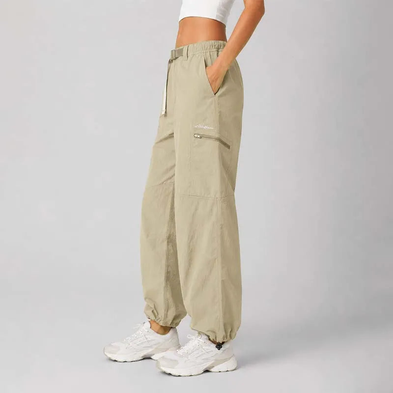 Side view of women's sand Pathfinder 6-pocket water-resistant cargo pants