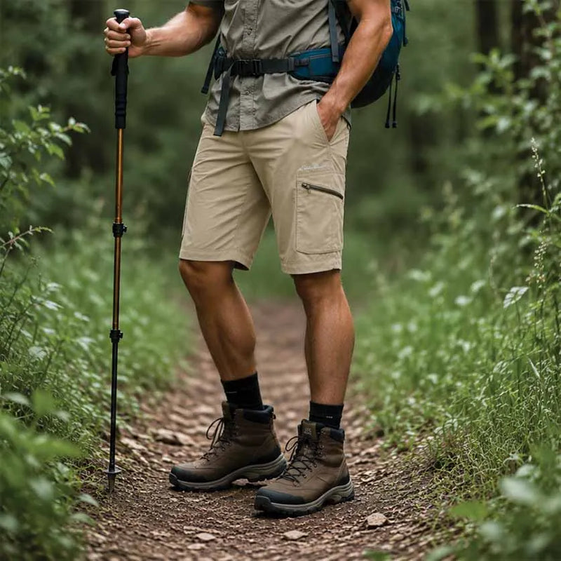 A person hiking on a forest path wearing khaki cargo shorts, a gray short-sleeve shirt, brown hiking boots, black socks, and a blue backpack, holding a trekking pole.