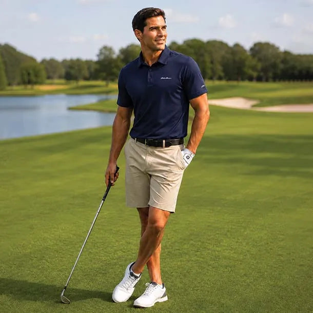 A man on a golf course wearing a navy blue polo shirt, beige shorts, and white golf shoes, holding a golf club.