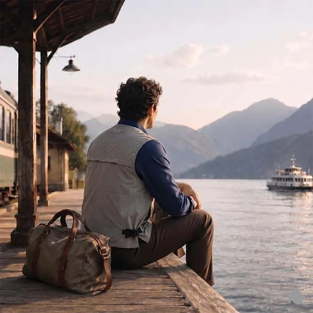 Man sitting on a dock by a lake with mountains in the background, holding a duffel bag.