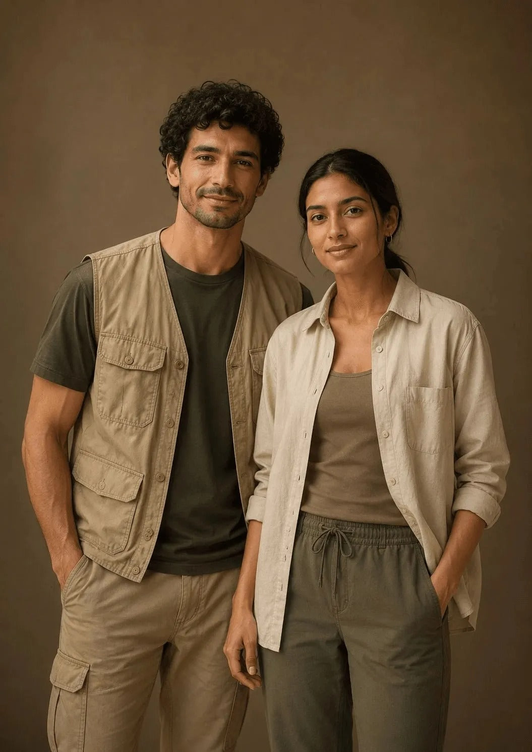 Two people standing side by side against a brown background