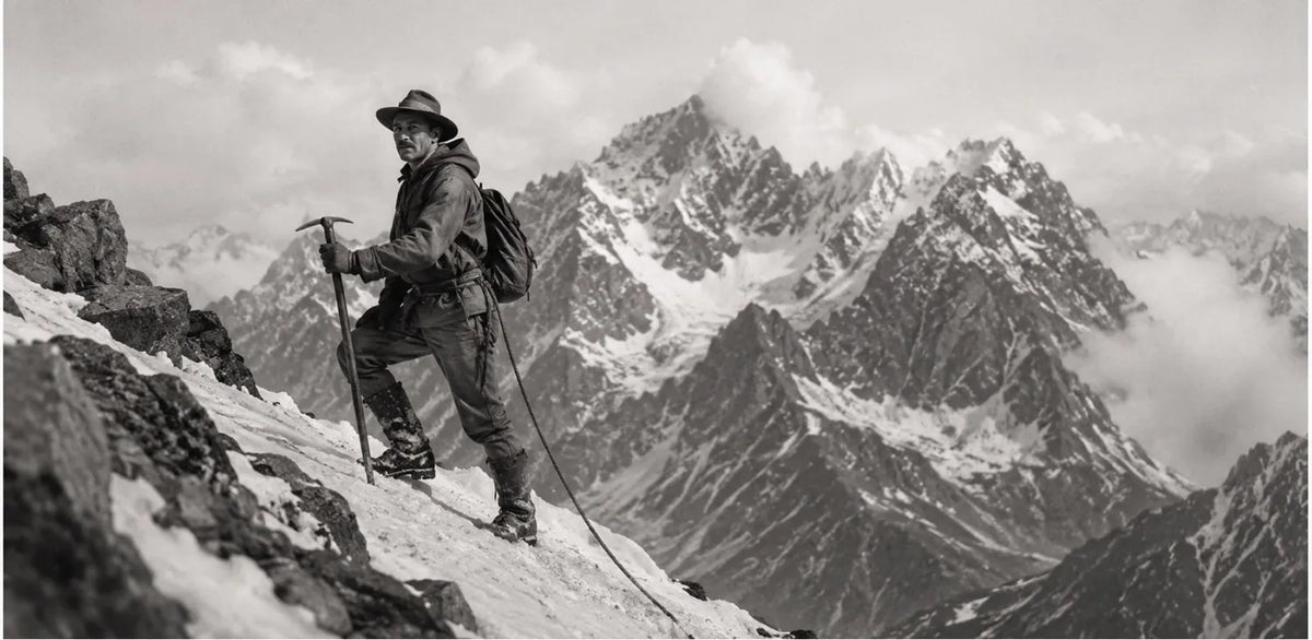 Person hiking on a mountain with snow-capped peaks in the background